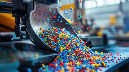 Colorful plastic granules are pouring from a machine in a modern production facility, showcasing the vibrant material used in various manufacturing processes.の素材