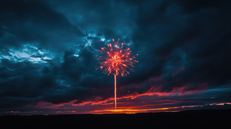 A stunning firework bursting into vibrant colors against a dramatic evening sky filled with dark clouds. Perfect for celebrations and festive moments.の素材