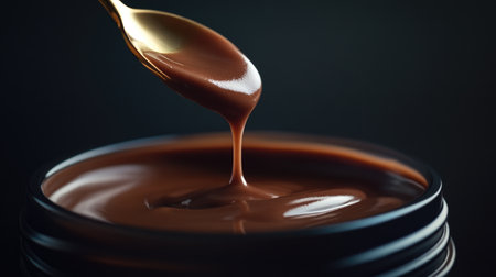 A close-up shot of glossy chocolate sauce in a dark container with a spoon, showcasing its smooth texture and rich color, perfect for culinary creations.の素材