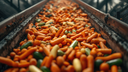 A vibrant mix of freshly harvested carrots and vegetables flows on a production conveyor belt. Emphasizing the connection between agriculture and healthy eating.の素材