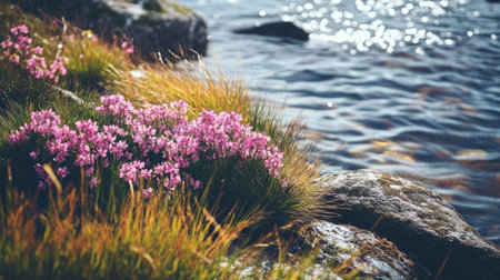 A picturesque scene featuring vibrant pink flowers blooming by a serene river, complemented by glistening water and rugged rocks, evoking tranquility and natural beauty.の素材