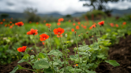 A field filled with vibrant orange flowers surrounded by lush green leaves, set against a cloudy sky, captures nature's beauty in a serene landscape.の素材