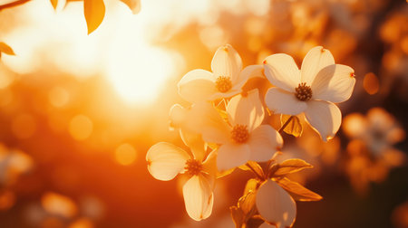 Beautiful white flowers bathe in warm golden sunlight during sunset. The soft background enhances the delicate petals, creating a tranquil atmosphere.の素材