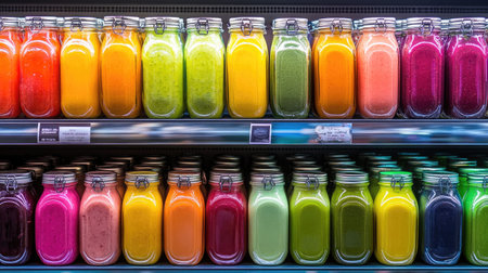 A vibrant array of fresh juices displayed in glass jars showcases a healthy selection of colorful beverages, perfect for promoting wellness and refreshment.の素材