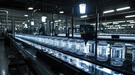 An industrial glass jar production line showcases modern manufacturing technology with illuminated workspace, ensuring efficient processing and high-quality output.の素材