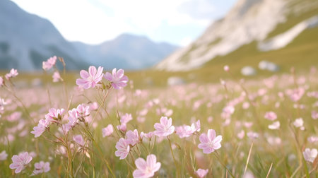 A captivating view of delicate pink wildflowers blooming in a scenic mountain meadow. This vibrant landscape showcases the beauty of nature in spring and summer.の素材