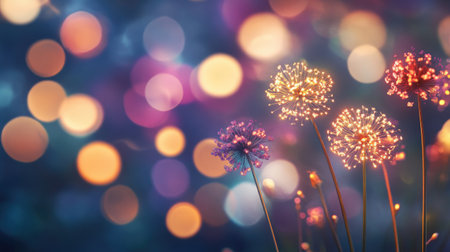 Delicate flowers illuminate the night with vibrant bokeh lights, creating a magical atmosphere. Ideal for spring themes, nature projects, or artistic displays.の素材