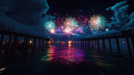 A stunning fireworks display lights up the night sky over calm waters, with a silhouetted pier accentuating the vibrant colors and reflections. Perfect for celebrations.の素材