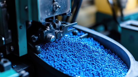 Close-up of vibrant blue plastic pellets cascading from an industrial machine, highlighting the intricate process of manufacturing in a factory setting.の素材