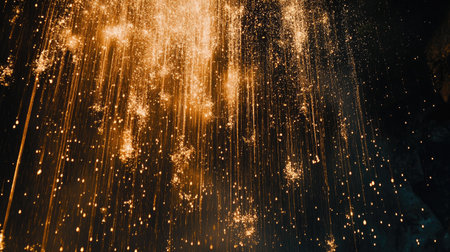 A captivating scene of shimmering golden particles cascading down in a dark environment, evoking a sense of magic and wonder, perfect for various creative projects.の素材