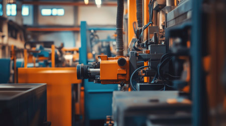 A close-up view of industrial machinery featuring vibrant orange and blue equipment. This image captures the essence of modern manufacturing and engineering processes.の素材