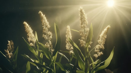 A beautiful arrangement of sunlit flowers surrounded by lush green leaves. Soft rays of sunlight illuminate the scene, creating a serene and peaceful atmosphere.の素材