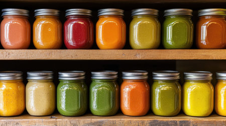 A beautiful display of colorful sauces in glass jars arranged on a wooden shelf. The vibrant hues represent various flavors and culinary creativity.の素材