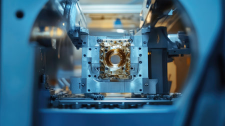 Close-up view of precision engineering machinery showcasing a metallic component. Ideal for illustrating advanced technology and manufacturing processes.の素材