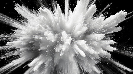 A striking image of a white powder explosion against a black background, showcasing dynamic motion and texture, ideal for artistic and commercial projects.の素材