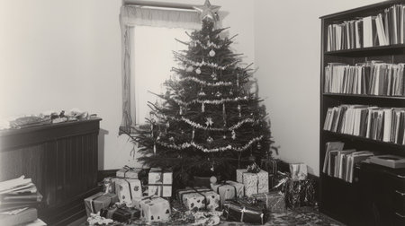 A vintage black and white photograph of a decorated Christmas tree surrounded by beautifully wrapped presents, evoking a nostalgic holiday spirit in a cozy living room setting.の素材