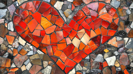 A beautiful mosaic of a heart created with colorful red and orange stones. This vibrant artwork symbolizes love and passion, perfect for decoration or inspiration.の素材