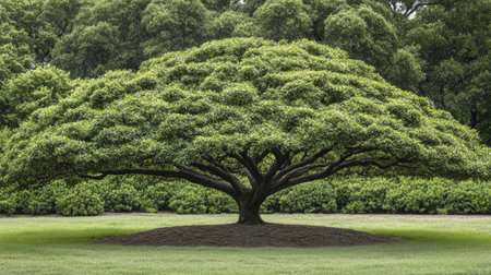 A stunning tree with expansive lush green foliage stands in a serene landscape. This image captures the beauty and tranquility of nature, perfect for various projects.の素材