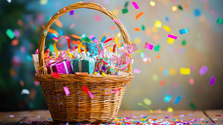 Vibrant basket filled with various gifts surrounded by colorful confetti, creating a festive atmosphere perfect for celebrations and special occasions.の素材