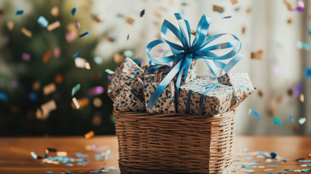 A beautifully arranged gift basket adorned with a vibrant blue ribbon sits on a wooden table, surrounded by colorful confetti. Perfect for celebrations and special occasions.の素材