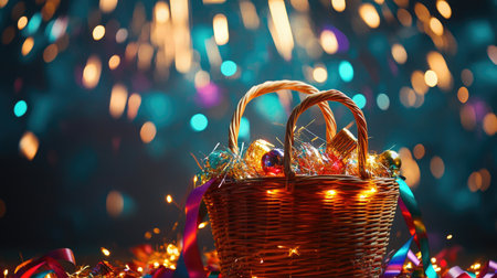 A beautifully arranged gift basket filled with vibrant decorations, illuminated by soft glowing lights, perfect for festive celebrations and joyful gatherings.の素材