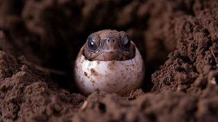 A captivating image of a baby turtle breaking free from its egg in rich, earthy soil. This shot captures the moment of emergence, symbolizing new beginnings.の素材