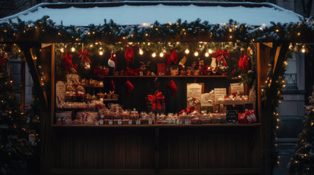 A charming Christmas market stall brimming with delightful holiday treats, surrounded by twinkling lights and festive decorations, creating a warm winter atmosphere.の素材