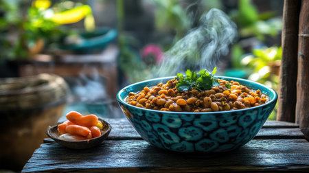 A steaming bowl of spicy lentils garnished with fresh herbs sits on a rustic table. Slices of vegetables accompany this vibrant, healthy meal, perfect for cozy gatherings.の素材