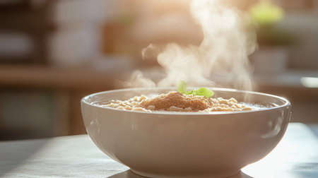 A steaming bowl of rice pudding topped with brown sugar and mint sits on a wooden table, evoking warmth and comfort in a cozy kitchen setting.の素材