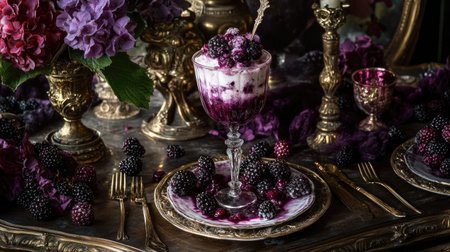 This image showcases an elegant dessert table featuring blackberries, cream, and stunning floral decor. The rich purple tones and vintage tableware create a luxurious and inviting atmosphere perfect for any celebration.の素材