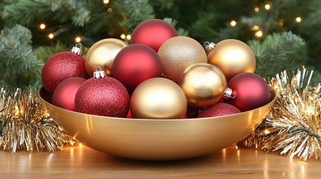 A beautiful arrangement of glittering red and gold ornaments in a golden bowl, perfect for enhancing holiday spirit and festive decor in any setting.の素材