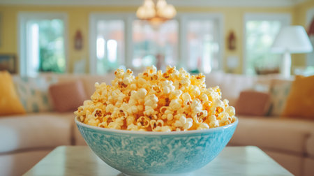 A vibrant bowl of freshly popped popcorn sits invitingly in a cozy living room, perfect for movie nights or casual gatherings, blending comfort and joy.の素材