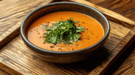 A delicious bowl of creamy tomato soup garnished with fresh cilantro, presented in a rustic wooden setting. Perfect for food photography and culinary inspiration.の素材