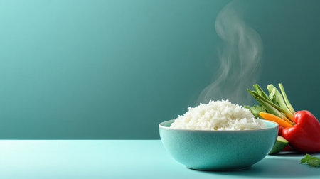A steaming bowl of white rice accompanied by fresh vegetables, creating a vibrant and inviting scene. Perfect for healthy meal concepts and cooking inspiration.の素材