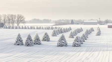 A breathtaking winter scene featuring perfectly arranged snow-covered trees in a frost-laden field. The gentle light enhances the tranquil atmosphere.の素材