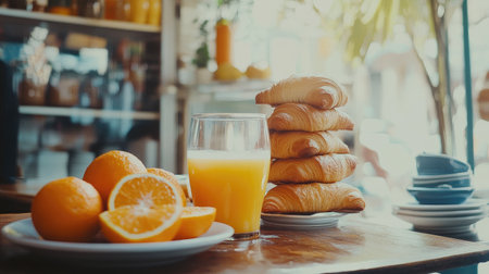 Enjoy a vibrant breakfast featuring fresh croissants, juicy oranges, and a refreshing glass of orange juice, perfect for a cozy morning gathering.の素材