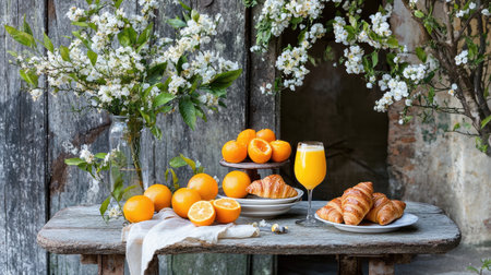 A charming arrangement of fresh oranges and flaky croissants on a rustic table, complemented by blooming flowers, evokes a cozy breakfast scene perfect for warm mornings.の素材
