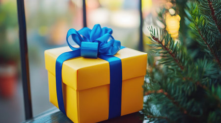 A bright yellow gift box with a blue ribbon sits beside a Christmas tree, adding a festive touch to any holiday celebration and showcasing the joy of giving.の素材