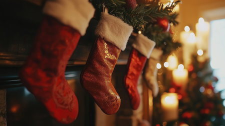 Beautifully adorned Christmas stockings hang from a cozy mantle, surrounded by soft lights and festive decor, creating a warm and inviting holiday atmosphere.の素材