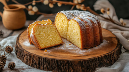 A beautifully baked butter cake, sprinkled with icing sugar, placed on a rustic wooden board. Ideal for dessert lovers, this treat evokes warmth and comfort.の素材