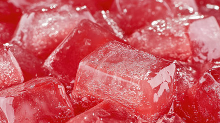 A vibrant close-up of shiny red gelatin cubes, each filled with sparkling bubbles. This image showcases the refreshing appeal of a sweet dessert, perfect for events.の素材