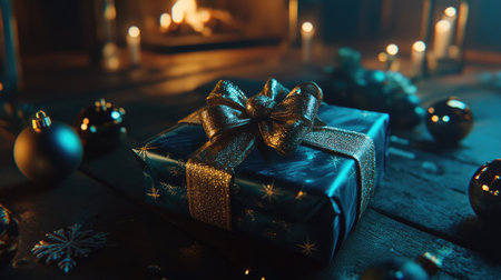 A beautifully wrapped gift adorned with a glittering bow rests beside a cozy fireplace, creating a warm and inviting atmosphere perfect for holiday celebrations.の素材