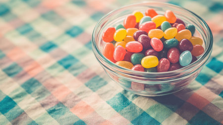 A close-up shot of a glass bowl filled with vibrant jelly beans on a charming checkered tablecloth, evoking a sense of nostalgia and sweetness.の素材