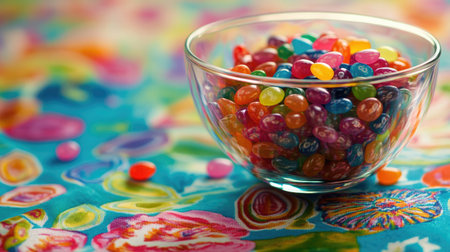 An inviting glass bowl filled with assorted colorful jelly beans sits on a vibrant decorative tablecloth, creating a joyful and festive atmosphere perfect for celebrations.の素材