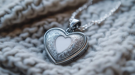 A beautiful vintage silver heart locket pendant resting on a soft knitted fabric, showcasing its intricate details, making it a perfect sentimental gift.の素材
