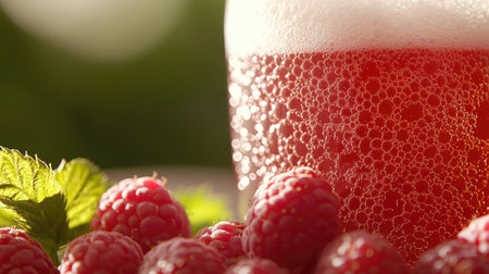 A closeup of a refreshing raspberry drink with bubbles, surrounded by juicy berries and fresh mint leaves, perfect for summer enjoyment and relaxation.の素材