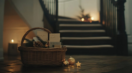 A cozy holiday scene featuring a wicker basket filled with greeting cards and decorative ornaments, illuminated by soft candlelight. Ideal for evoking warmth and festive spirit.の素材
