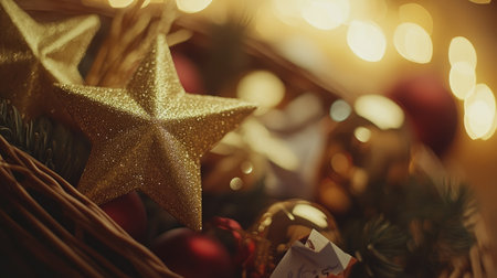 A beautifully arranged basket filled with golden Christmas stars and ornaments, set against a backdrop of soft glowing lights, capturing the essence of holiday spirit and warmth.の素材