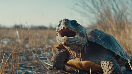 A vivid close-up of a turtle with its mouth open, showcasing its unique features and textures. The setting captures natural grasslands under clear skies, emphasizing wildlife in its habitat.の素材