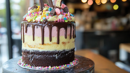 A beautifully crafted layered cake showcasing vibrant icing, rich chocolate frosting, and delightful sprinkles, perfect for celebrations and gatherings.の素材